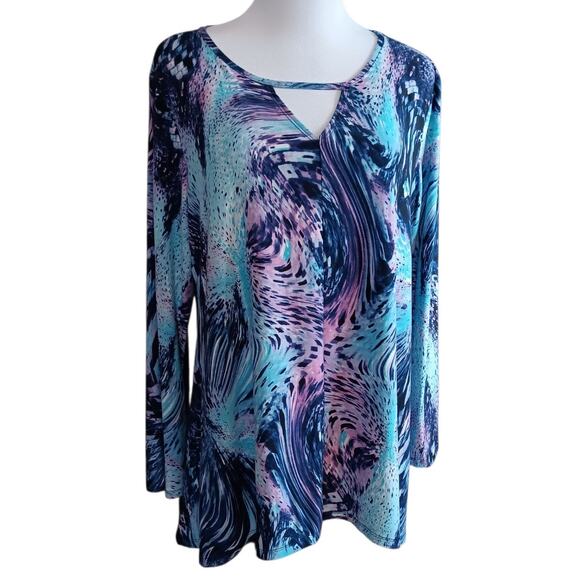 ATTITUDES BY RENEE Tunic Top Blouse Large PETITE Bright Watercolor Career Travel - Picture 7 of 8